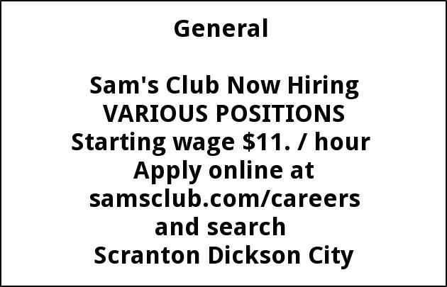 Various Positions, Sams Club #6581, Scranton, PA