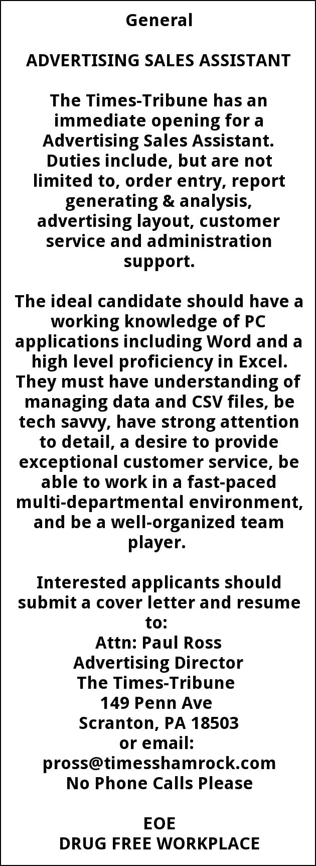 jobs for times shamrock communications in scranton pa general advertising sales assistant