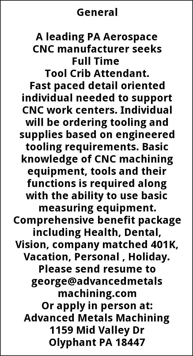 Tool Crib Attendant Advance Metal Machining