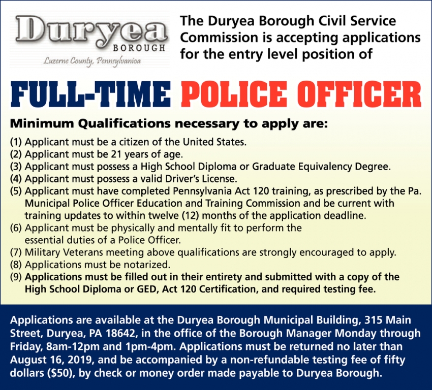 Full-Time Plolice Officer, Duryea Borough