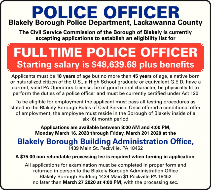 Police Officer Needed, Blakely Borough Police Department