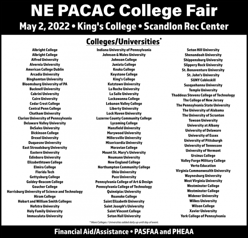 NE PACAC College Fair, King's College, Wilkes Barre, PA