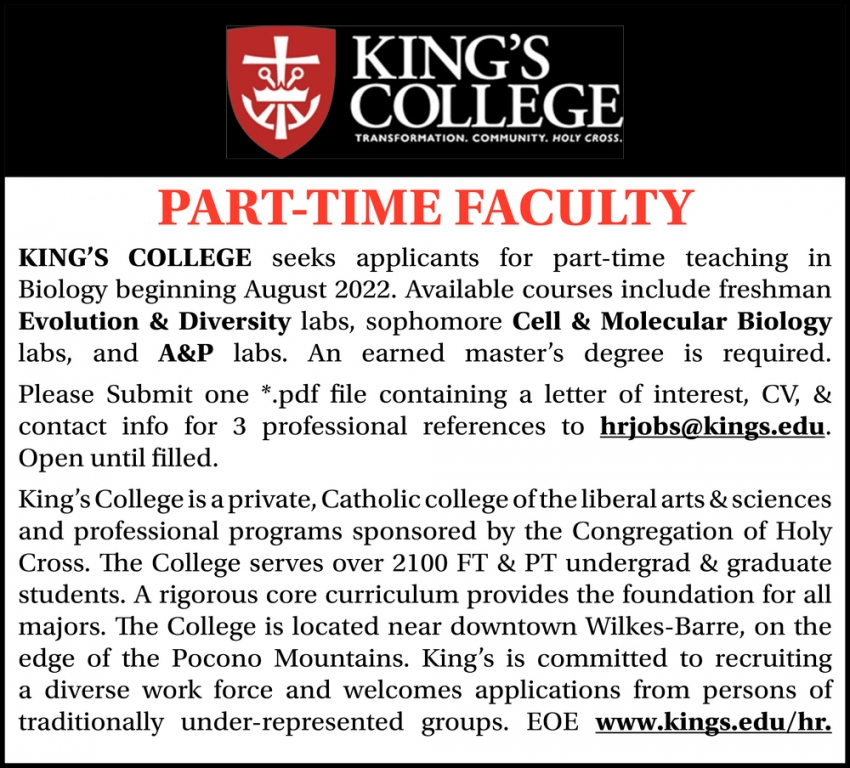 PartTime Faculty, King's College, Wilkes Barre, PA