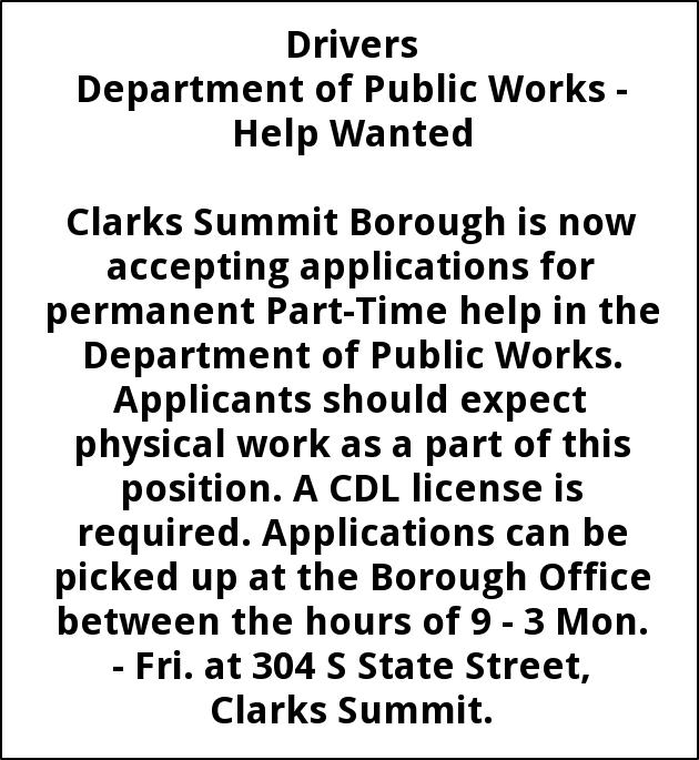 Part Time Help In The Department Public Works, Clarks Summit Borough, Clarks Summit, PA