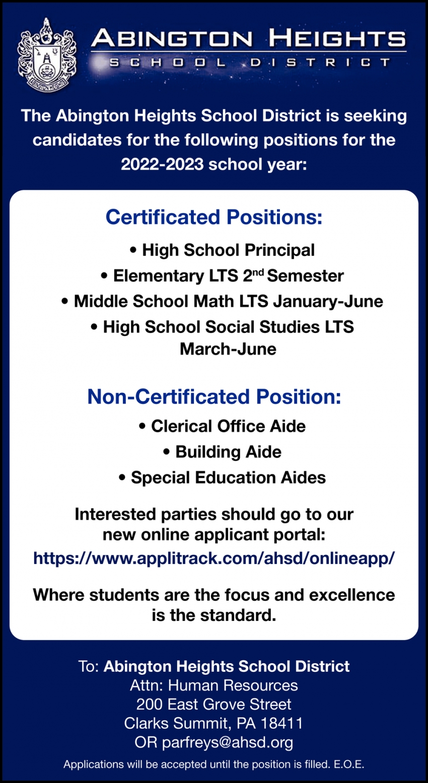 Certified Positions, Abington Heights School District, Clarks Summit, PA