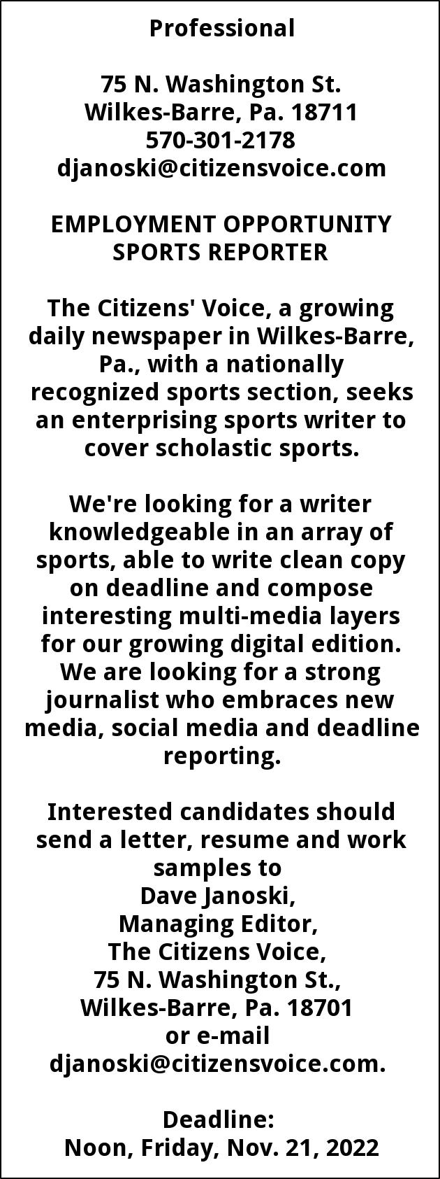 Sports Reporter, The Citizens Voice, Wilkes Barre, PA