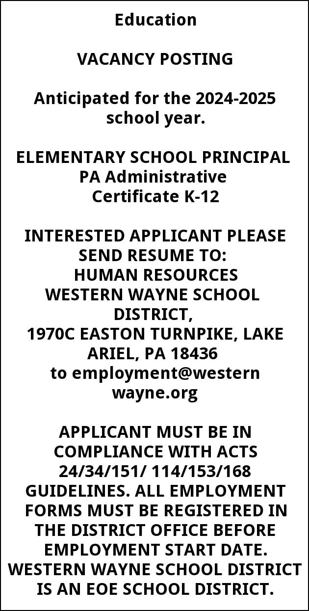 Elementary School Principal, Western Wayne School District, Lake 