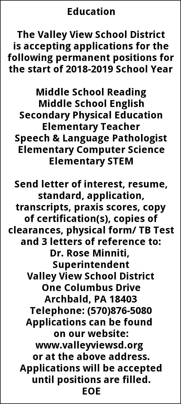 Various positions, Valley View School District, Archbald, PA